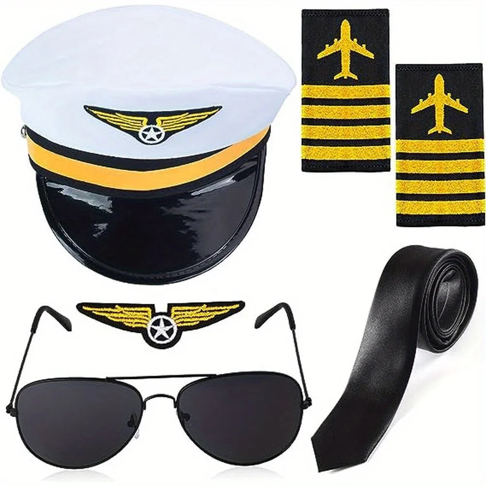 Pilot Clothing Set – Aviation Captain Outfit with Hat, Shoulder Badge, Tie & Sunglasses
