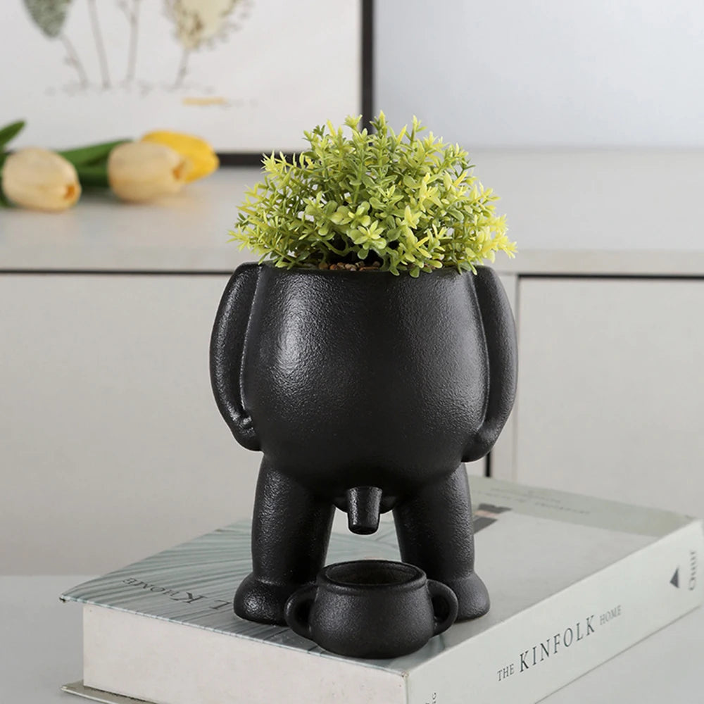The Pot That Pees – Funny Ceramic Planter for Desk or Patio Black White Peeing Boy Cheeky Present Gift