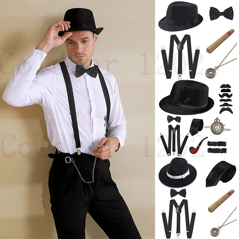Roaring 20s Gatsby Gangster Accessory Kit – Vintage Panama Hat, Bow Tie & Suspenders for Dashing 1920s Cosplay or Speakeasy Style