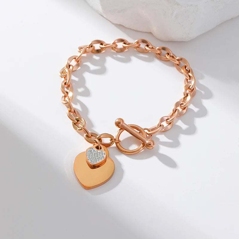 Elegant 3-Color Double Heart Necklace & Bracelet Set – Stainless Steel, Gold/Silver, Waterproof Crystal Jewellery for Women