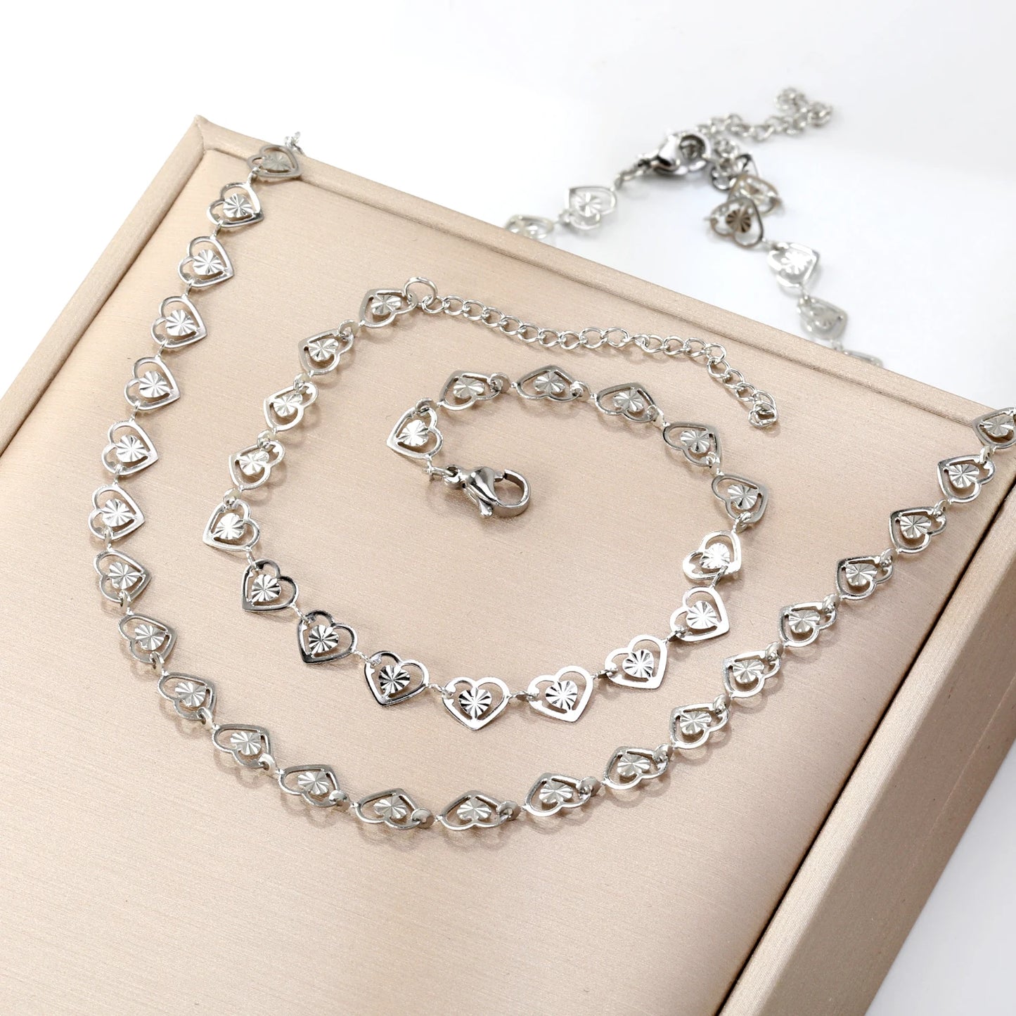 Heart Love Jewelry Set – Necklace & Bracelet Set for Women | Glossy Waterproof Stainless Steel, Romantic Birthday Gift