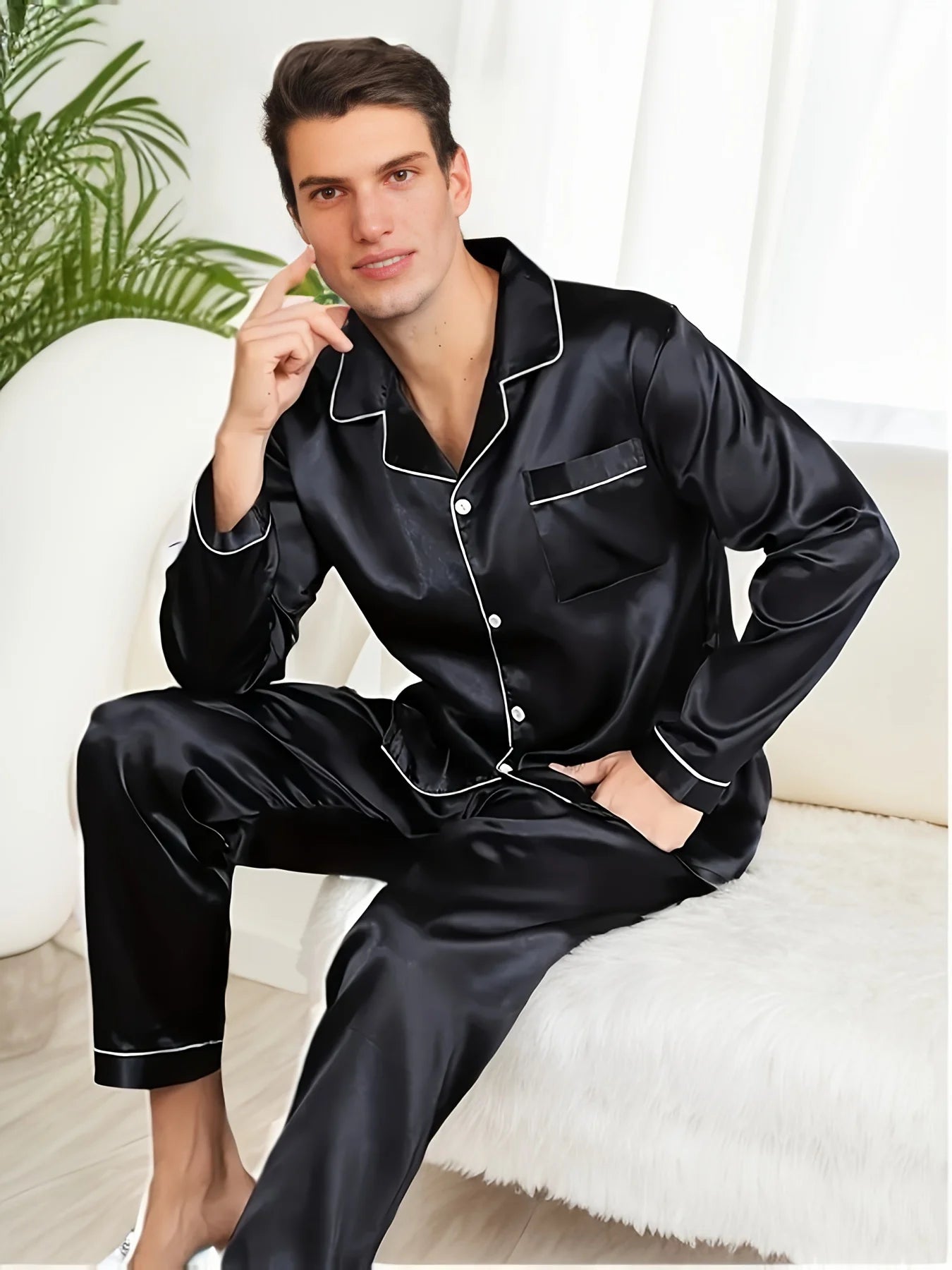 Men’s Silk-Feel Pijama Set – Long Sleeve Microfiber Sleepwear & Loungewear, Plus Size Home Nightwear