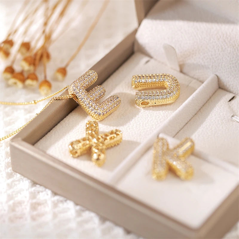 Gold-Plated Zircon Initial Necklace – A–Z Balloon Letter Pendant, Minimalist Collarbone Chain for Women