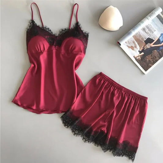 Sultry Lace Sleep Set – V-Neck Lingerie Top & Flirty Pajama Shorts
