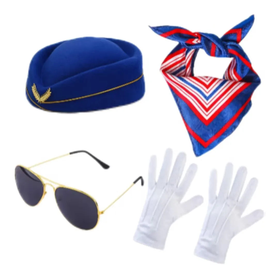 Women's Stewardess Costume – Complete Flight Attendant Outfit with Hat, Gloves, Scarf & Sunglasses
