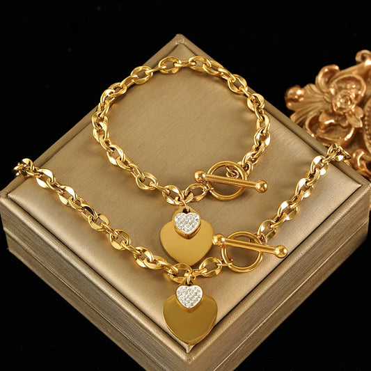 Elegant 3-Color Double Heart Necklace & Bracelet Set – Stainless Steel, Gold/Silver, Waterproof Crystal Jewellery for Women