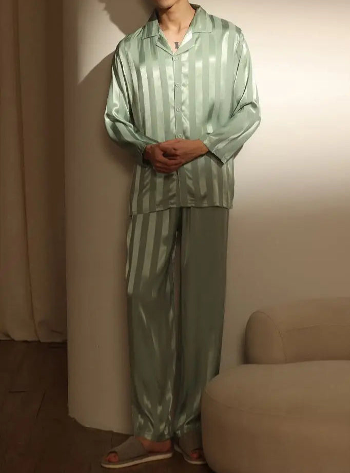 Men’s & Teen Boys Pajama Set – Thin Ice Silk Long Sleeve Sleepwear, Spring/Autumn Loungewear