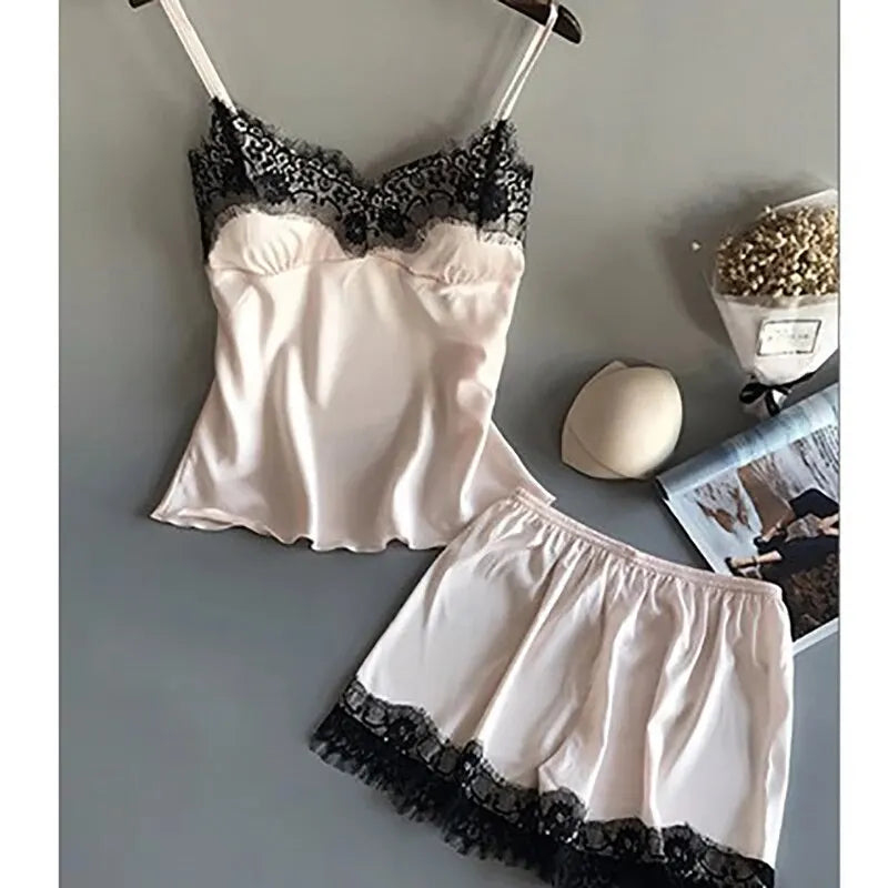 Sultry Lace Sleep Set – V-Neck Lingerie Top & Flirty Pajama Shorts