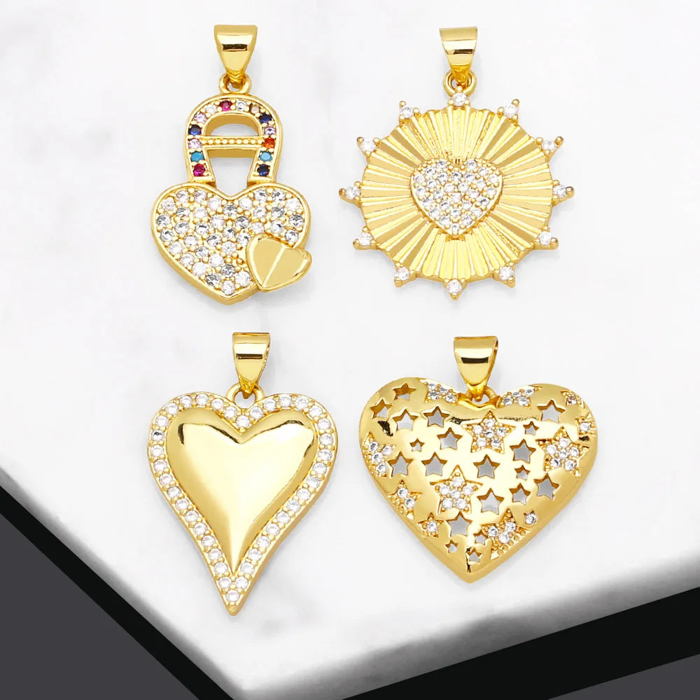 Trendy Gold-Plated Heart Pendant – Lock & Star Amulet Charm for Necklace Making, Shiny Crystal Jewellery Supplies