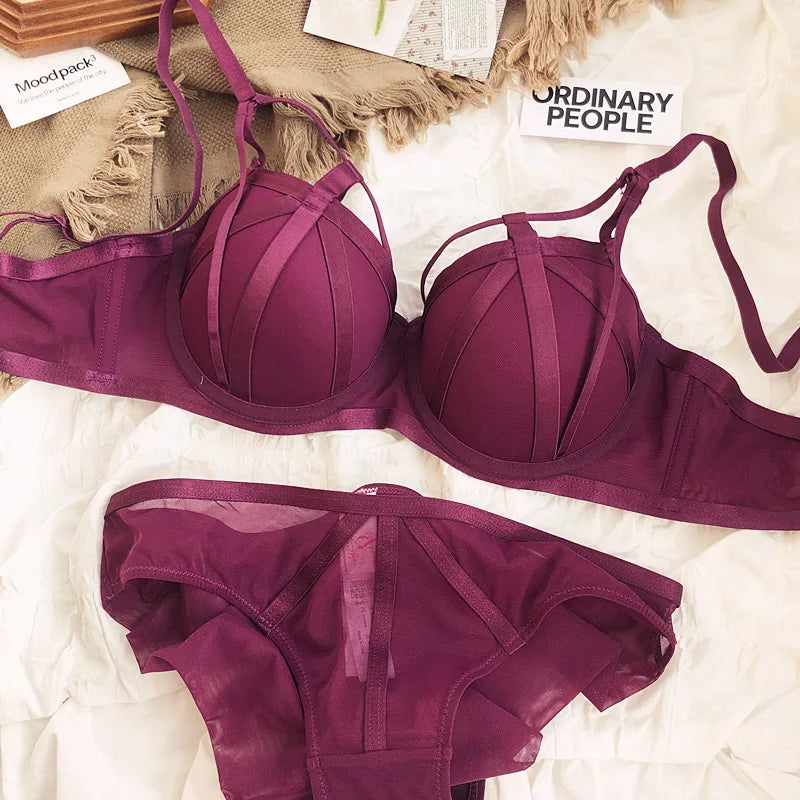 Hot Sale Sexy Lace Lingerie Set – Hollow Push-Up Bra & Bandage Panties for Women, Fluorescent Fashion Underwear (Plus Size C–D Cups)