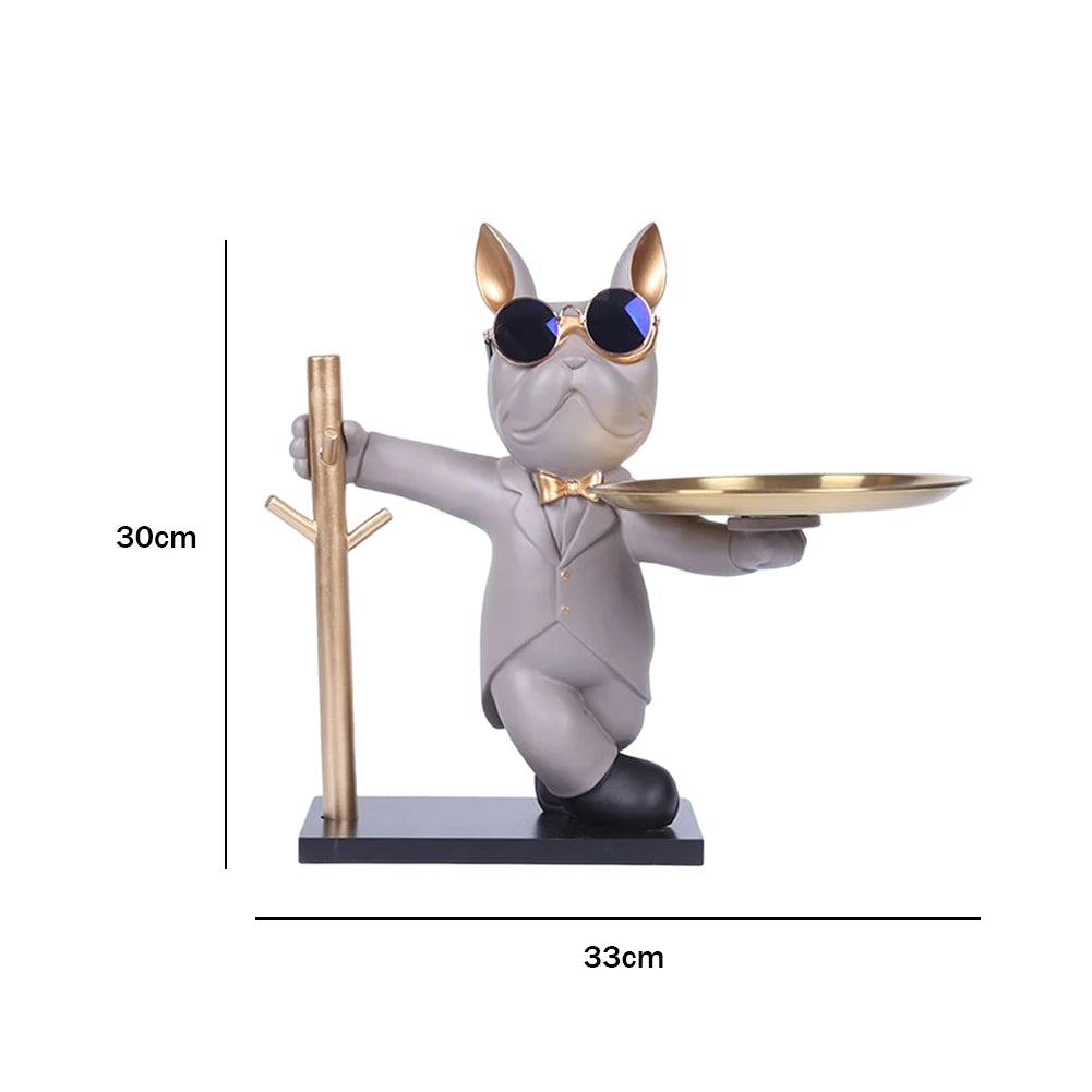 Bulldog Teddy “Cool Butler” Sculpture – Resin Dog Ornament with Storage Tray | Nordic Table Decor & Coin Piggy Bank