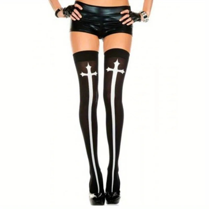 Accessory Set : Nun Costume Hat + Nun Collar+ Cross Pendent Necklace + Cross Print Stockings Ladie's Sexy Roleplay Set