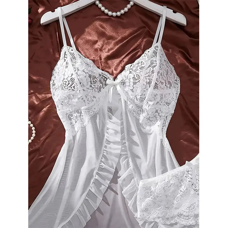Ultra-Sexy Sheer Tulle Lingerie Set – V-Neck Bra, Open Sleep Skirt & Sheer Pants