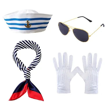 Sailor Costume Dress Up Set – 4-Piece Sailor Hat, Scarf, Glasses & Gloves for Men