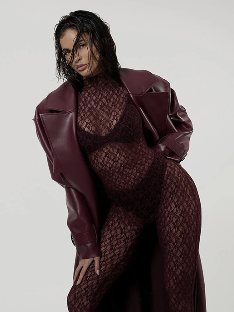 Sexy Lace See-Through Jumpsuit – Coquette Long Sleeve Stand Collar Clubwear for Women, Stretchy Night out Outfit