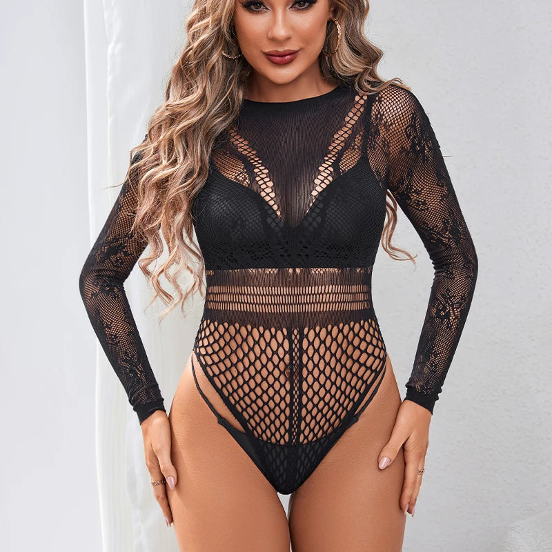 Sensual Lace Mesh Bodysuit – Sheer Floral Embroidered Halter Onesie with Deep V-Neck & Backless Design