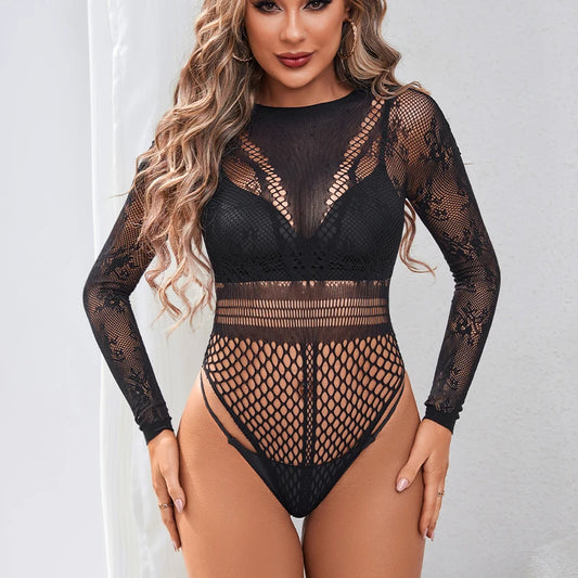 Sensual Lace Mesh Bodysuit – Sheer Floral Embroidered Halter Onesie with Deep V-Neck & Backless Design