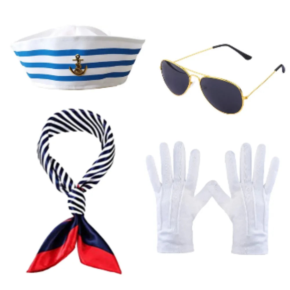 Sailor Costume Dress Up Set – 4-Piece Sailor Hat, Scarf, Glasses & Gloves for Men
