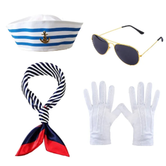 Sailor Costume Dress Up Set – 4-Piece Sailor Hat, Scarf, Glasses & Gloves for Men