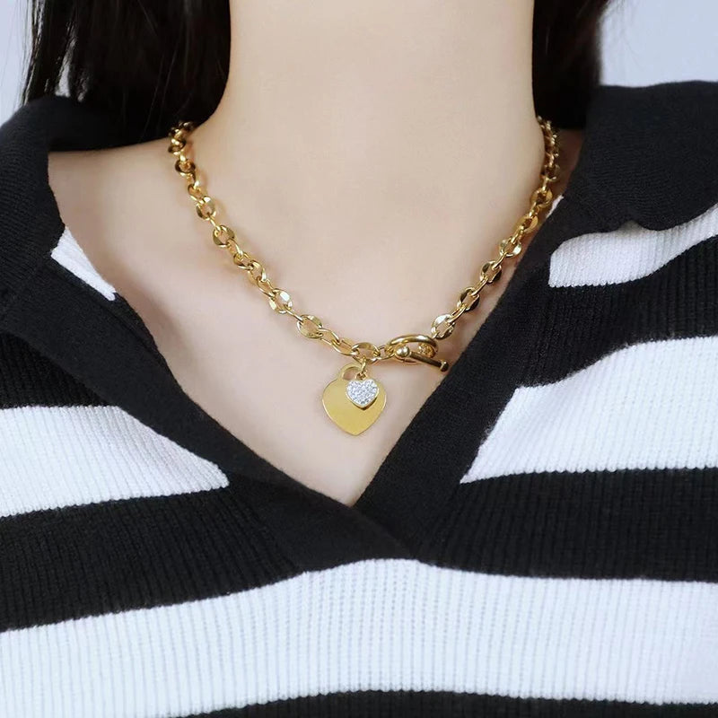 Elegant 3-Color Double Heart Necklace & Bracelet Set – Stainless Steel, Gold/Silver, Waterproof Crystal Jewellery for Women