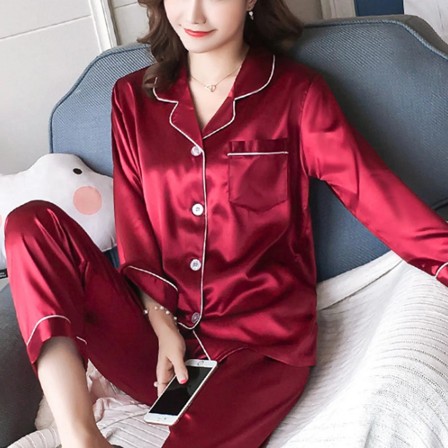 Red Wine Silk Pijamas Set