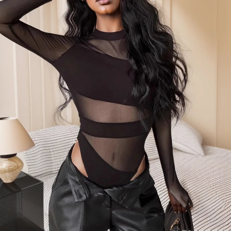 Spring/Summer Sexy Cut-Out Mesh Jumpsuit – Long Sleeve, Diagonal Neckline, Black Bodysuit for Clubwear