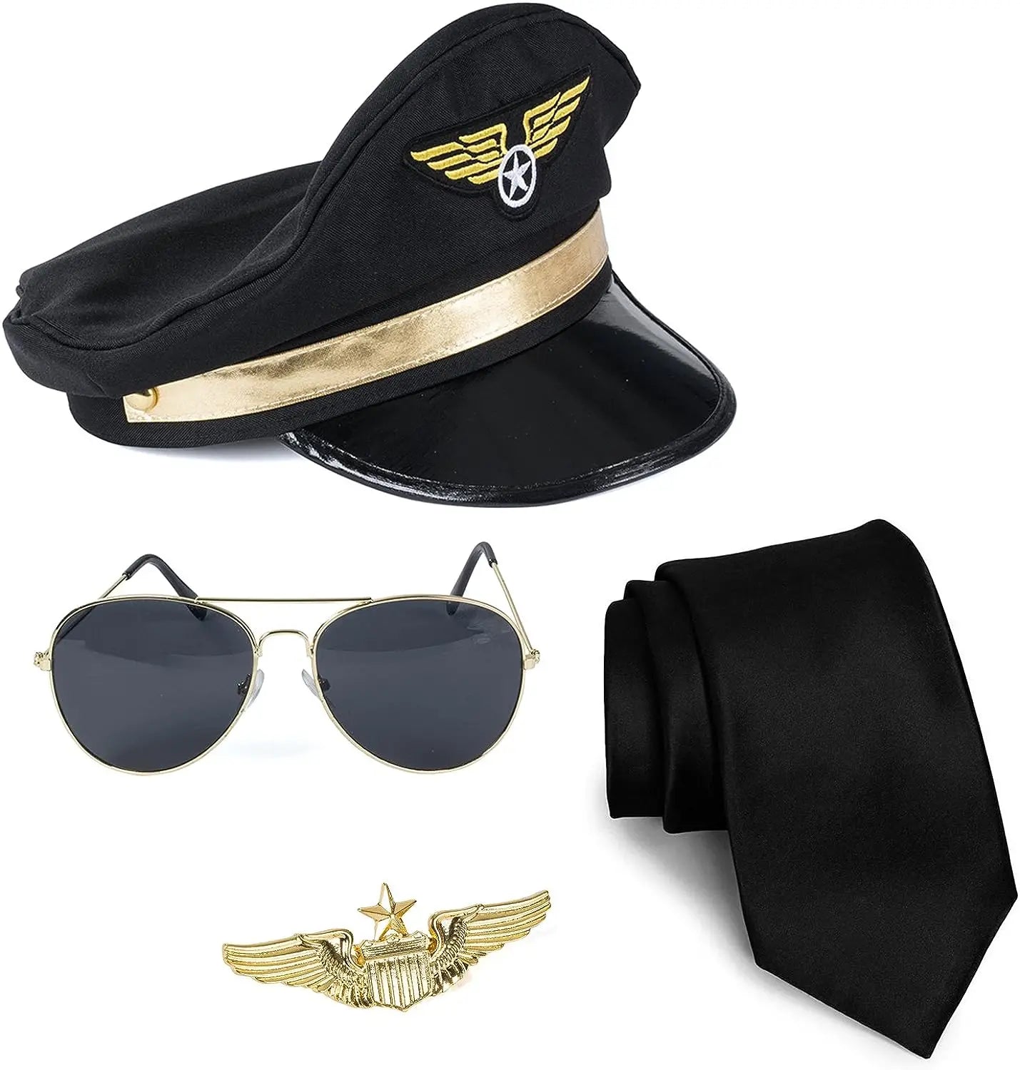 Pilot Costume Accessories Set of 4 – Hat, Badge, Tie & Sunglasses
