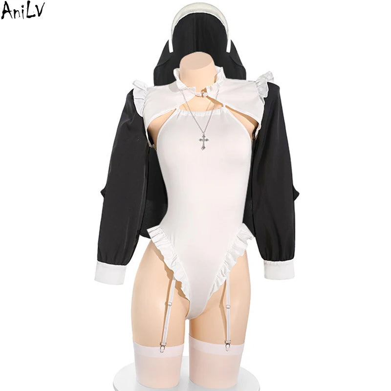 Anime Game-Inspired Nun & Maid Bodysuit – Women’s Convent Cosplay Costume for Halloween & Dress-Up