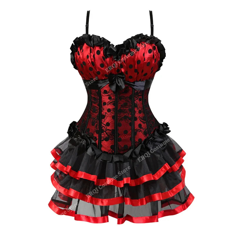 Sexy Red Corset Dress with Straps – Lace-Up Bustier Top & Mini Skirt Set, Showgirl Carnival Party Costume for Women