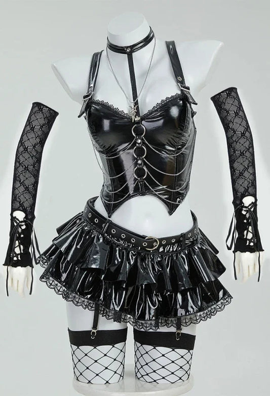 Sexy Gothic Misa Lingerie Set – Black Cami Top, Mini Skirt, Sleeves & Choker Cosplay Costume