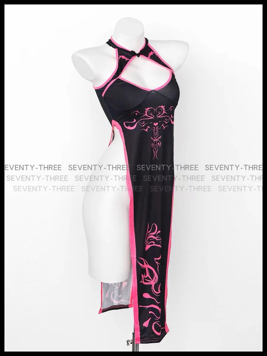 Sexy Retro Cheongsam Bodysuit & High-Slit Dress – Devilish Fairy Totem Demon Costume for Halloween & Cosplay