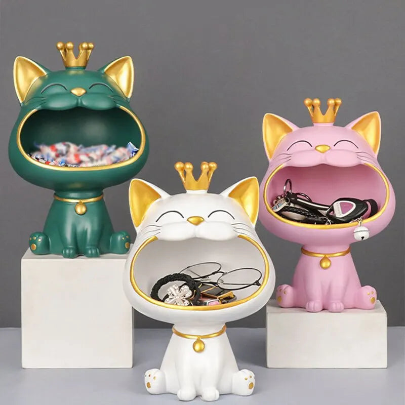 Fortune Crown Big Mouth Cat Key Tray – Decorative Ornament & Luxury Home Sculpture | Housewarming Gift Accent