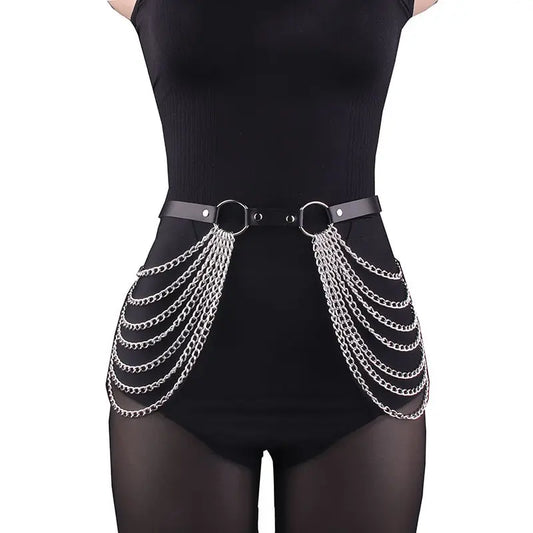 Women’s Sexy Leather Leg Chain Harness – Garter Belt Waist Corset with Thigh Straps & Gothic Accents
