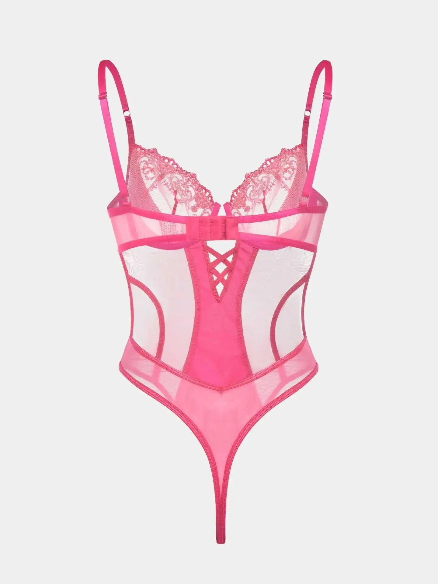 Ultra-Sheer Pink Mesh Lingerie Set – Sexy Slim-Fit Bodysuit with See-Through Bra for Women