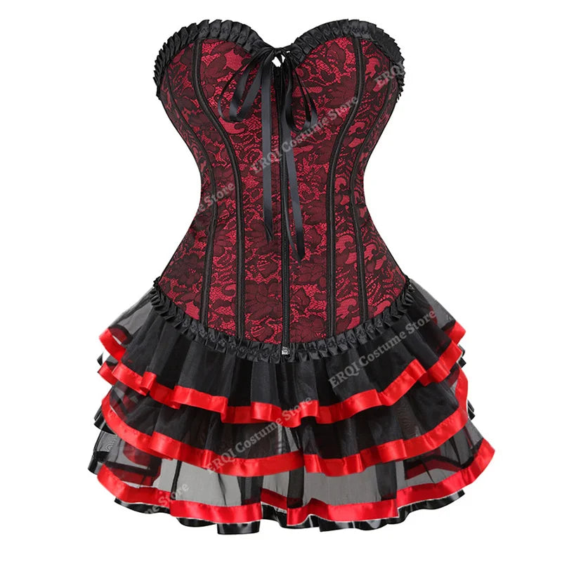 Sexy Red Corset Dress with Straps – Lace-Up Bustier Top & Mini Skirt Set, Showgirl Carnival Party Costume for Women