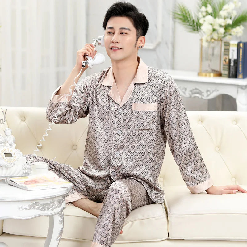 Men’s High-Quality Pajama Set – Short & Long Sleeve, Ice Silk Sleepwear, Plus Sizes