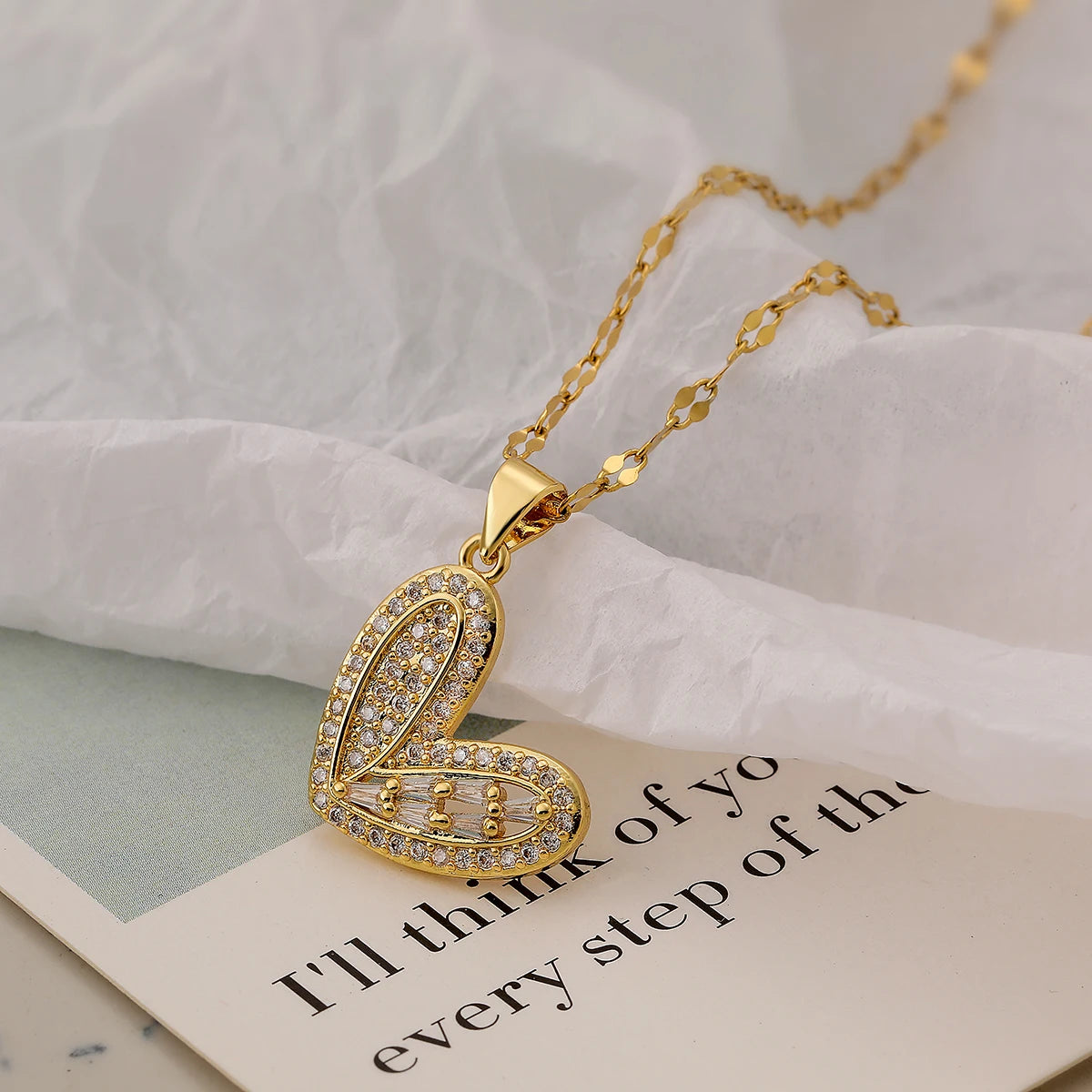 Shimmering Zircon Heart Necklace – Gold Stainless Steel