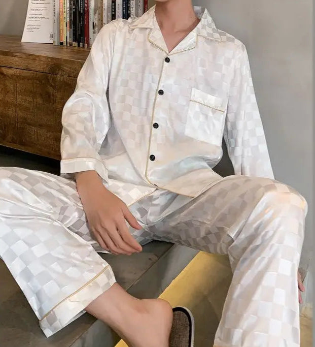 Men’s & Teen Boys Pajama Set – Thin Ice Silk Long Sleeve Sleepwear, Spring/Autumn Loungewear