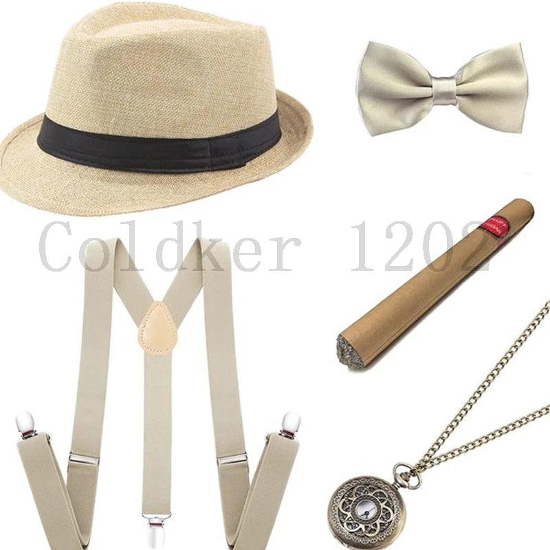 Roaring 20s Gatsby Gangster Accessory Kit – Vintage Panama Hat, Bow Tie & Suspenders for Dashing 1920s Cosplay or Speakeasy Style