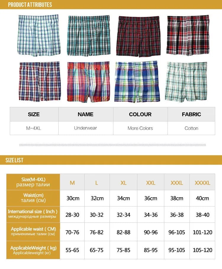 Classic Plaid Cotton Boxers – Men’s 4PCS Plus Size