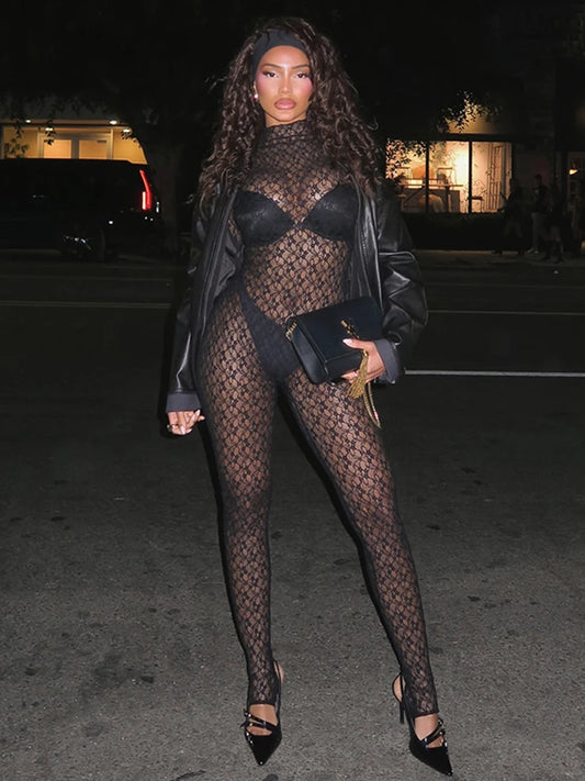 Sexy Lace See-Through Jumpsuit – Coquette Long Sleeve Stand Collar Clubwear for Women, Stretchy Night out Outfit
