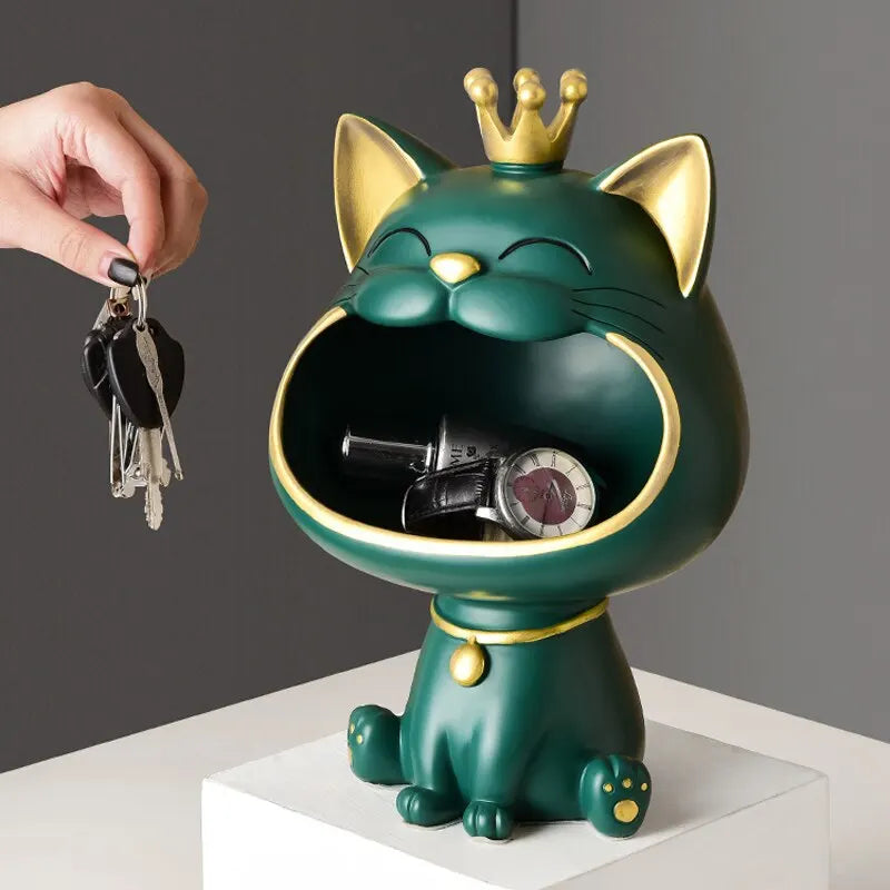 Fortune Crown Big Mouth Cat Key Tray – Decorative Ornament & Luxury Home Sculpture | Housewarming Gift Accent