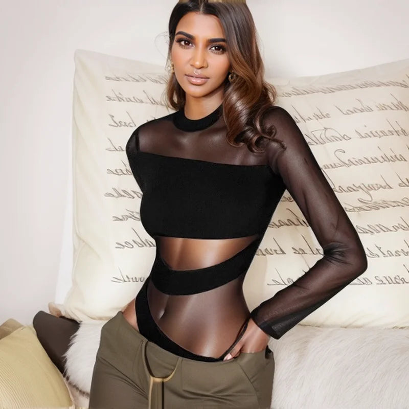 Spring/Summer Sexy Cut-Out Mesh Jumpsuit – Long Sleeve, Diagonal Neckline, Black Bodysuit for Clubwear