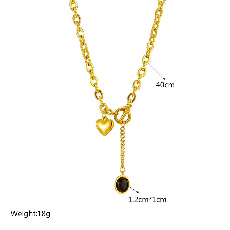 Stainless Steel Heart Pendant Necklace – Black Stone & Gold OT-Buckle Chain Jewelry for Women