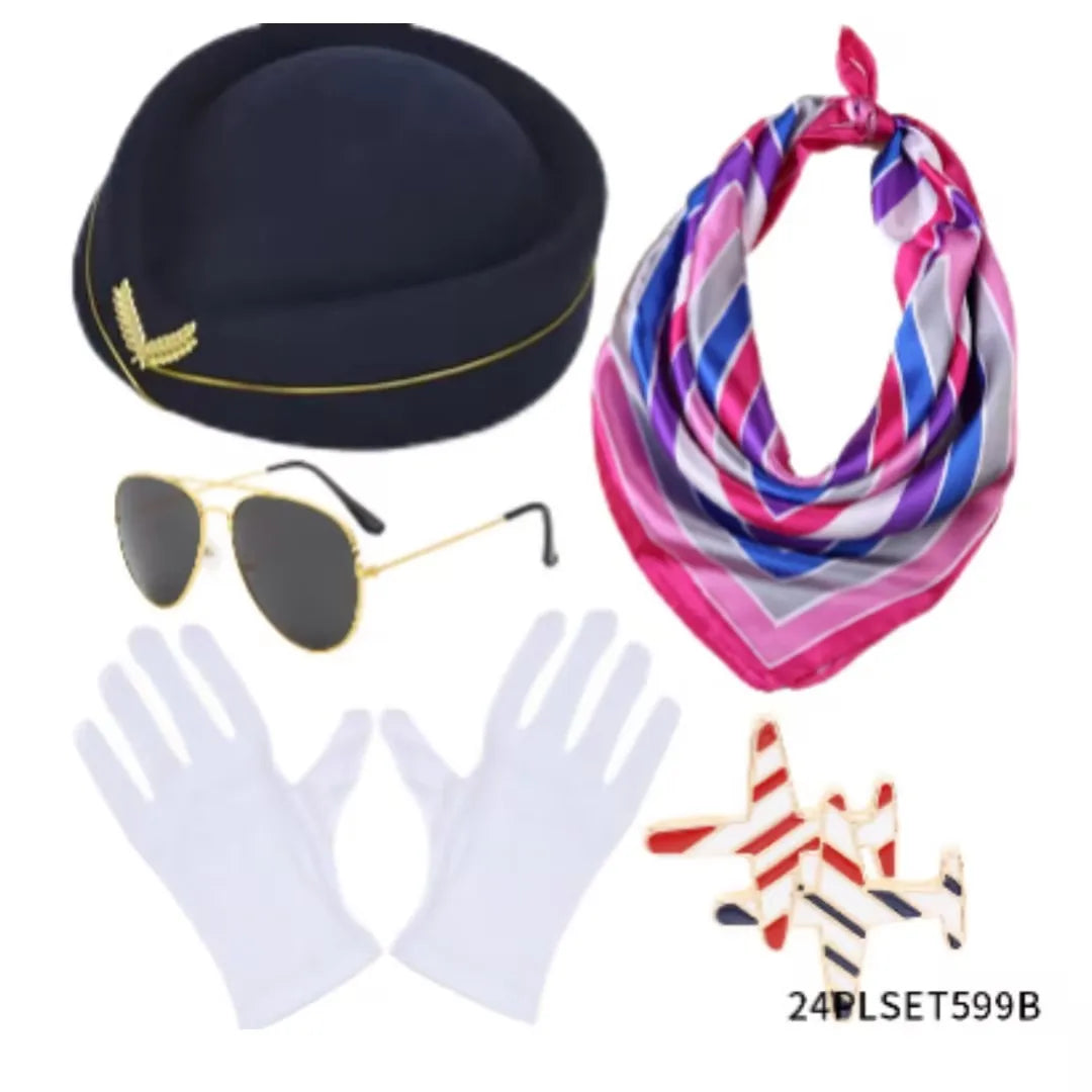 Women's Stewardess Costume – Complete Flight Attendant Outfit with Hat, Gloves, Scarf & Sunglasses