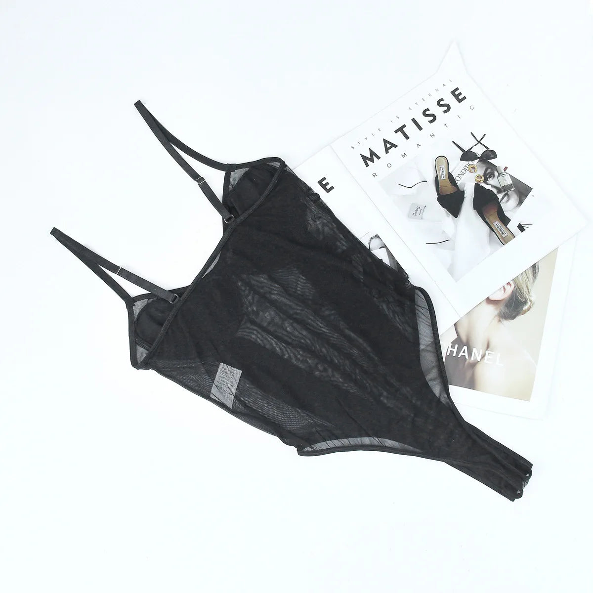 Sensual, Curve-Hugging Bodysuit – Mesh with Deep V-Neck, Adjustable Straps & Soft Padded Bra