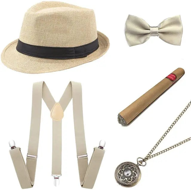Roaring 20s Gatsby Gangster Accessory Kit – Vintage Panama Hat, Bow Tie & Suspenders for Dashing 1920s Cosplay or Speakeasy Style