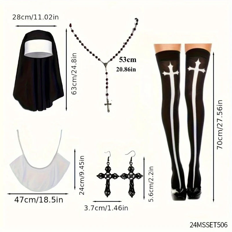 Accessory Set : Nun Costume Hat + Nun Collar+ Cross Pendent Necklace + Cross Print Stockings Ladie's Sexy Roleplay Set