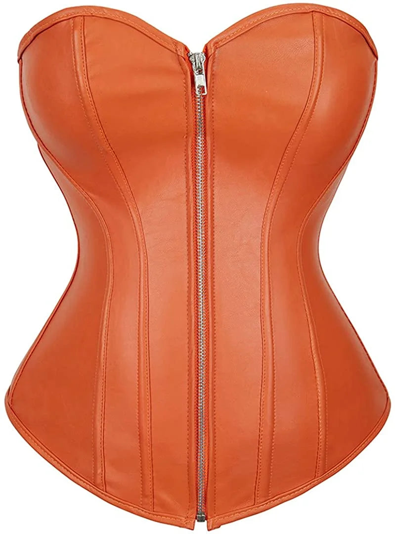 Caudatus Plus Size Faux Leather Overbust Corset – Sexy PU Bustier with Zipper, Burlesque Lingerie for Women