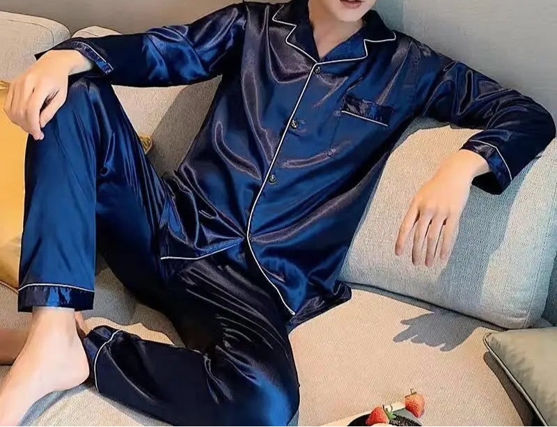 Men’s & Teen Boys Pajama Set – Thin Ice Silk Long Sleeve Sleepwear, Spring/Autumn Loungewear